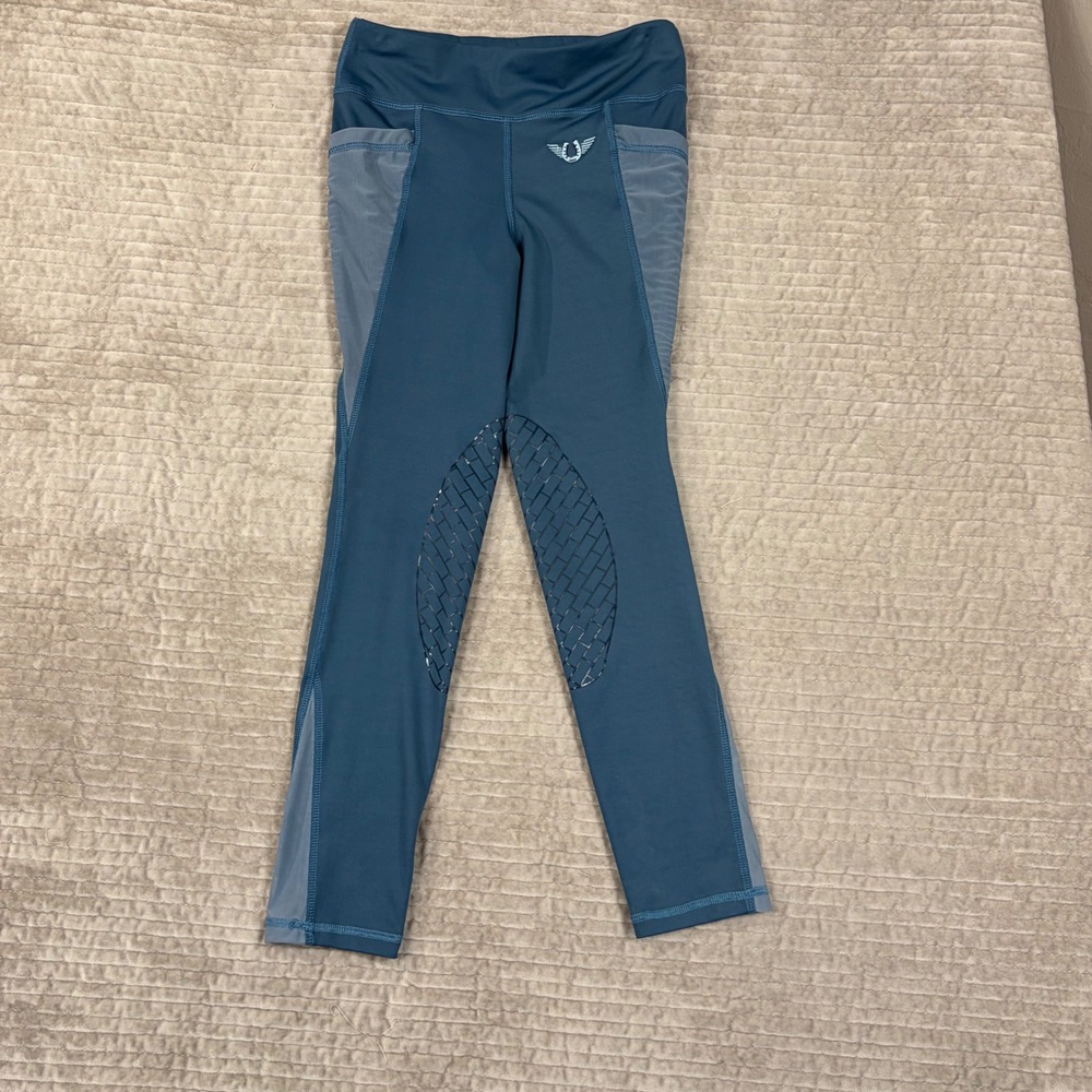 TuffRider Blue Teal Equestrian Riding Tights Silicone Knee Patch Mesh Pocket L